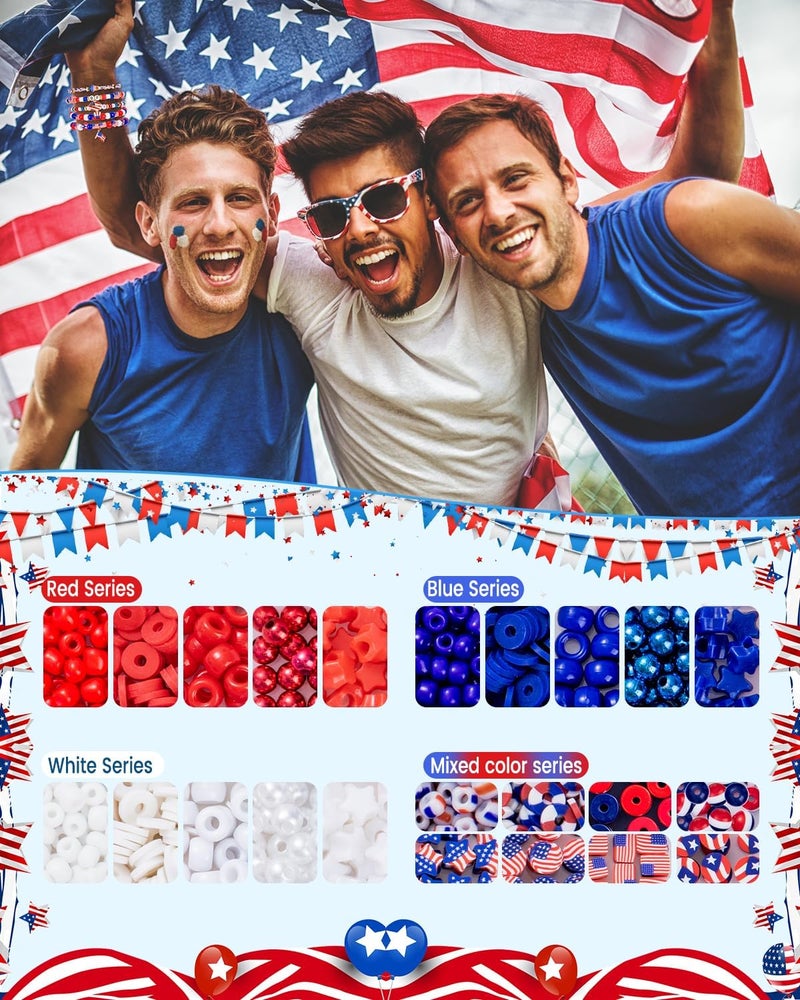 Goldwise 1578Pcs 4th of July Red White Blue Beads Bracelet Making Kit with Clay Seed Plastic Pony Pearl Beads, Patriotic USA Flag Star Beads, Metal Charms Earrings for Jewelry Making - Image 2